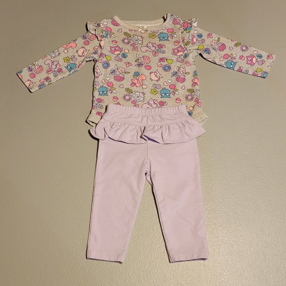Girls Long Sleeve Baby Animals Onesie & Purple Pants